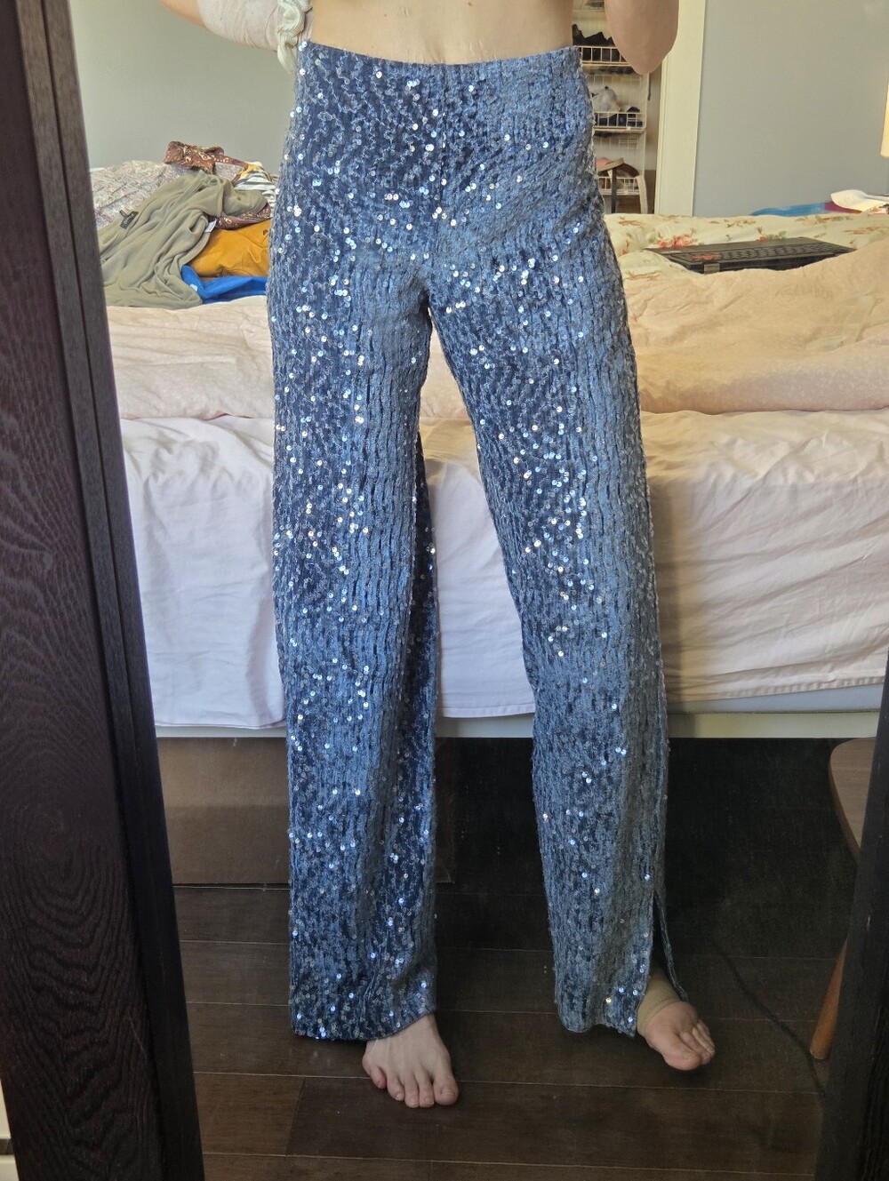 NEW Zara Blue Velvet Sequin Split Hem wide leg pants Sz S Mermaidcore Y2K - Picture 11 of 14